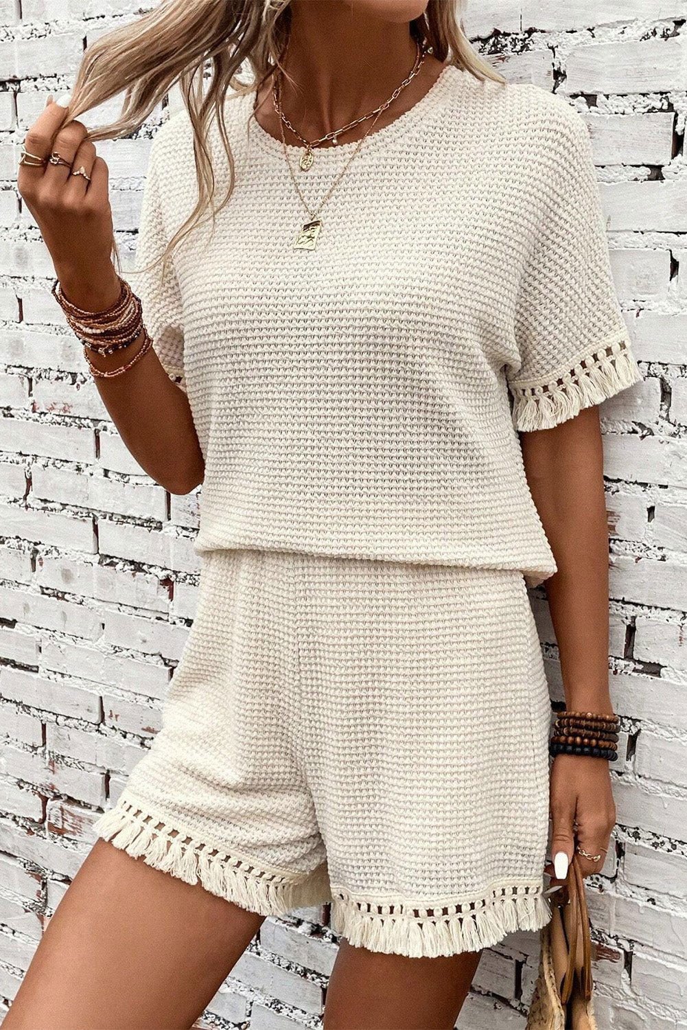 Beige Fringe Trim Waffle Knit Textured Shorts Set - Vesteeto