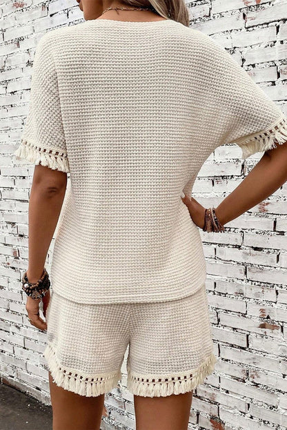 Beige Fringe Trim Waffle Knit Textured Shorts Set - Vesteeto