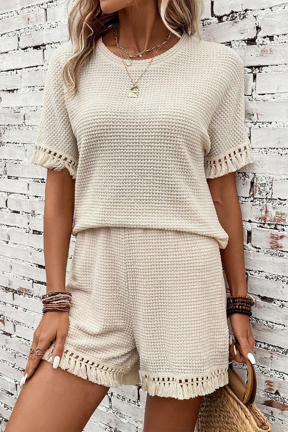 Beige Fringe Trim Waffle Knit Textured Shorts Set - Vesteeto