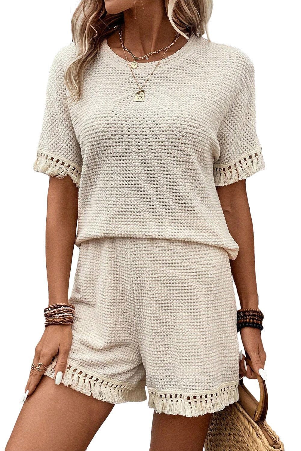 Beige Fringe Trim Waffle Knit Textured Shorts Set - Vesteeto