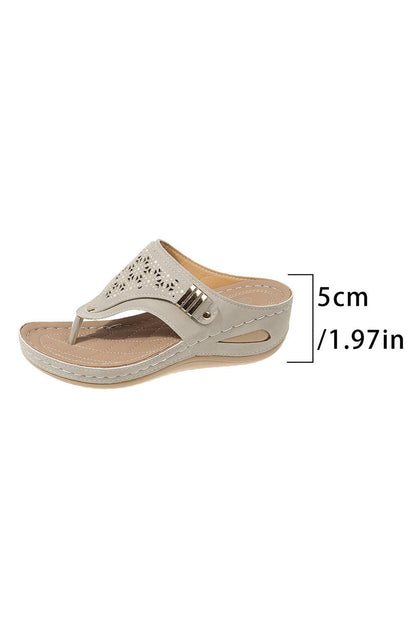 Beige Hollow Out Toe Post Thong Wedge Slides Shoes - Stylish Comfort - Vesteeto