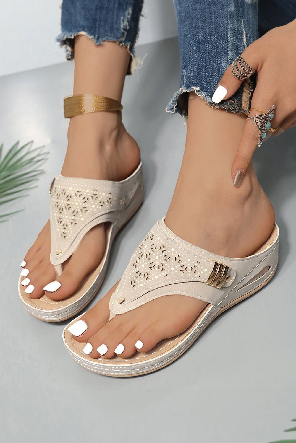 Beige Hollow Out Toe Post Thong Wedge Slides Shoes - Stylish Comfort - Vesteeto