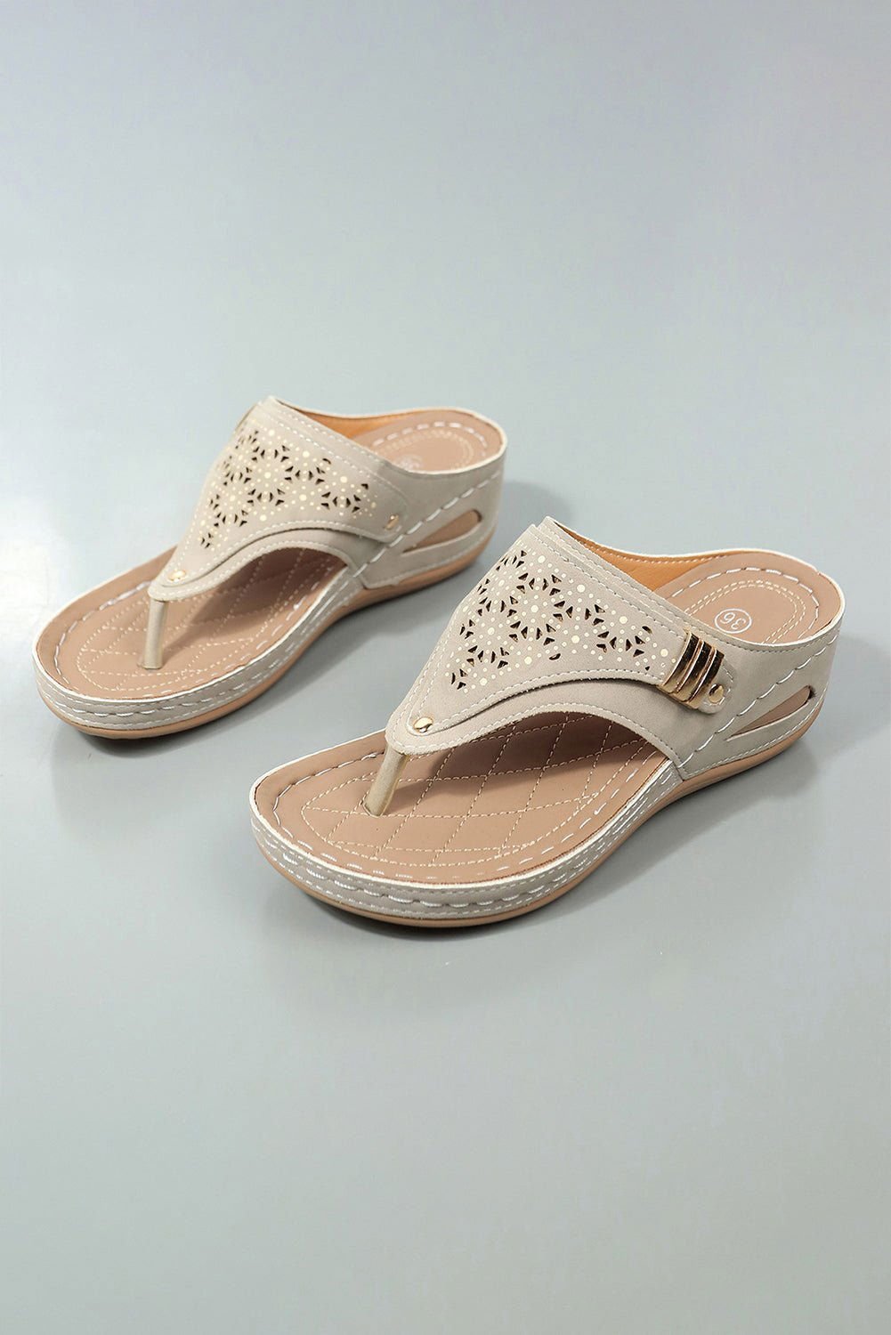 Beige Hollow Out Toe Post Thong Wedge Slides Shoes - Stylish Comfort - Vesteeto