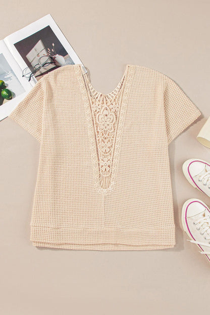 Beige Hollowed Lace Applique Plus Size Waffle T Shirt - Vesteeto