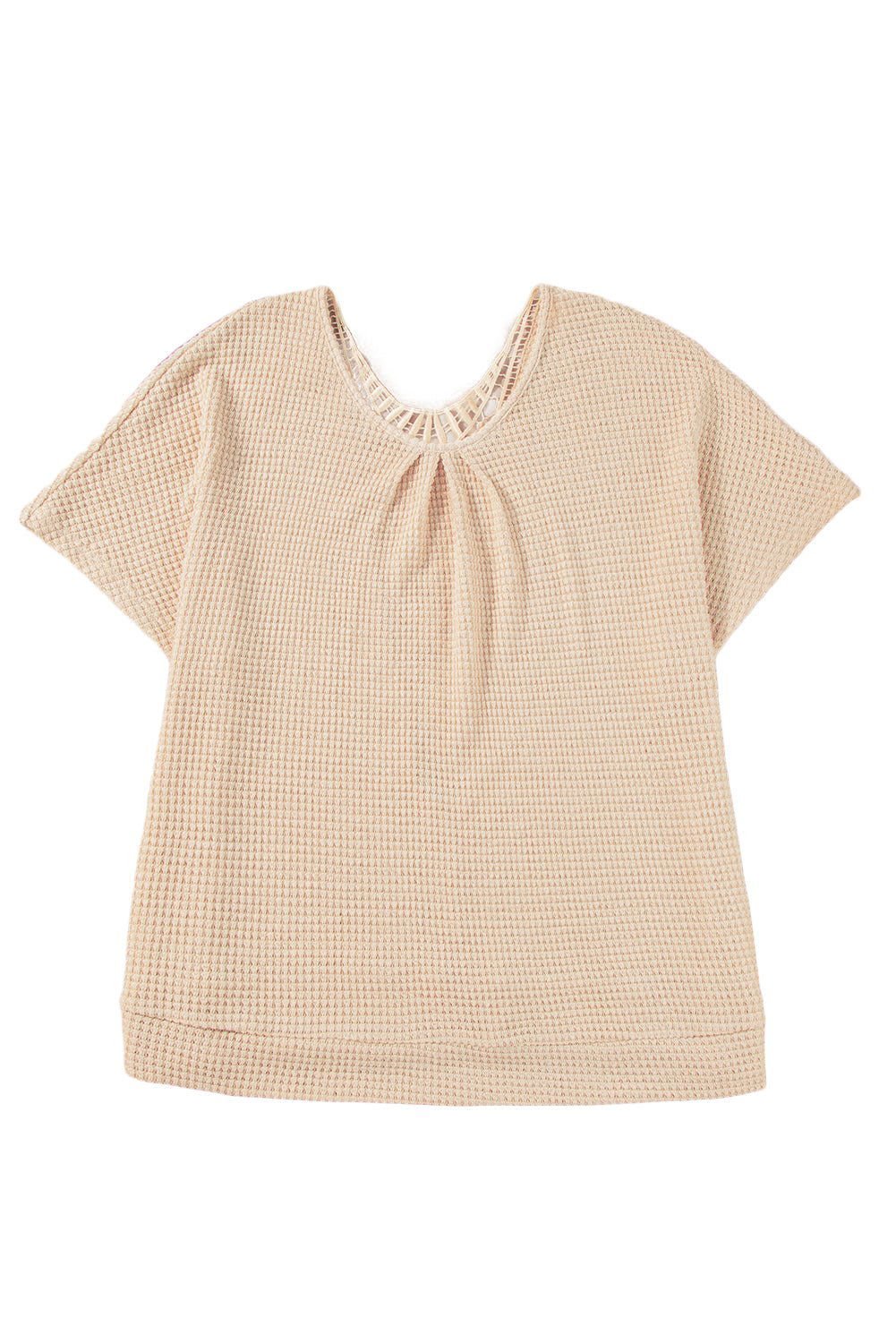 Beige Hollowed Lace Applique Plus Size Waffle T Shirt - Vesteeto