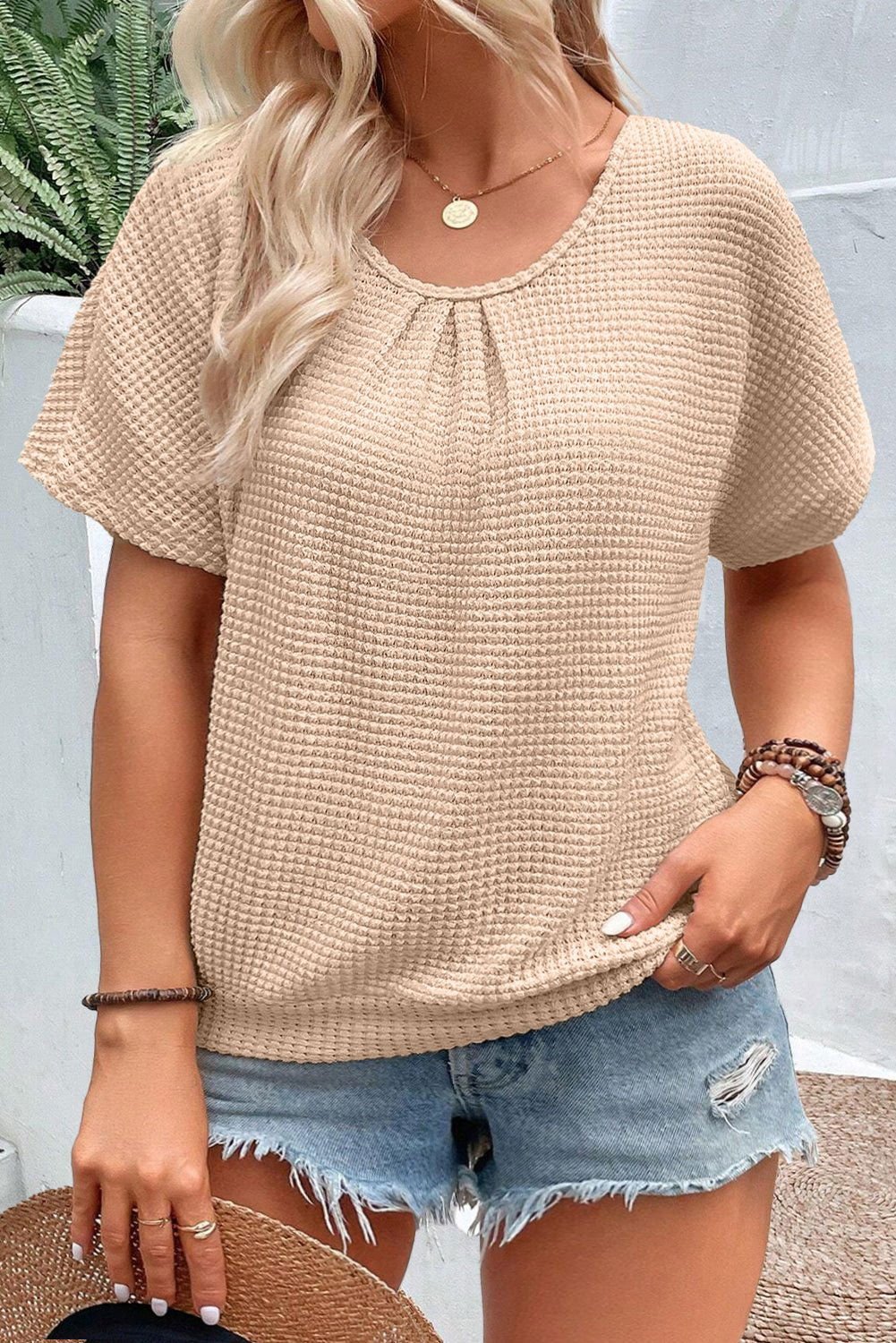 Beige Hollowed Lace Applique Plus Size Waffle T Shirt - Vesteeto