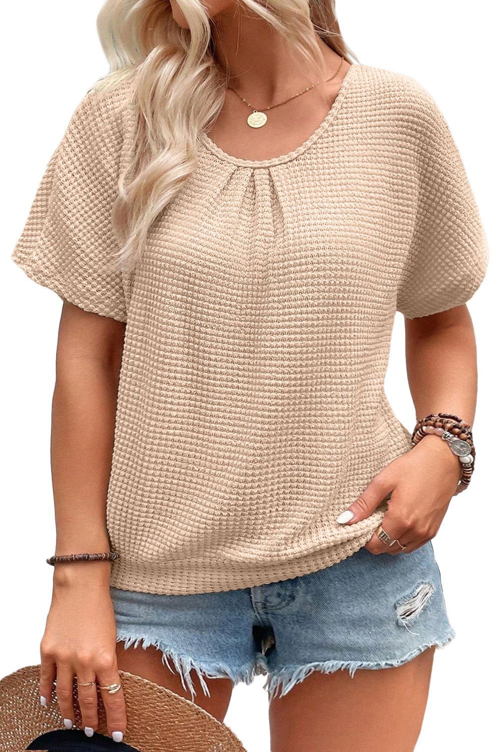 Beige Hollowed Lace Applique Plus Size Waffle T Shirt - Vesteeto