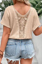 Beige Hollowed Lace Applique Plus Size Waffle T Shirt - Vesteeto