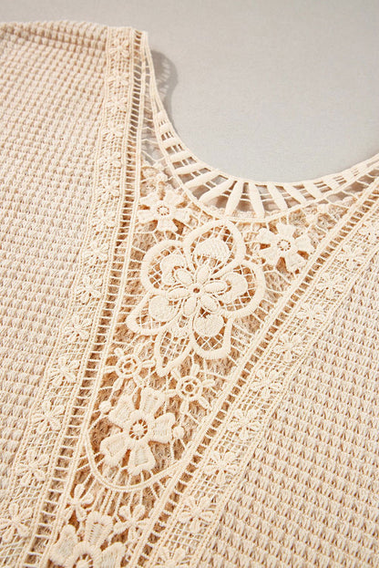 Beige Hollowed Lace Applique Plus Size Waffle T Shirt - Vesteeto