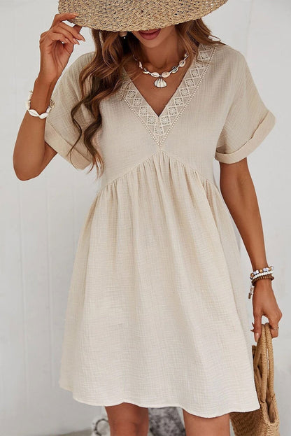 Beige Lace Splicing V Neck Rolled Up Sleeve Empire Waist Mini Dress - Vesteeto