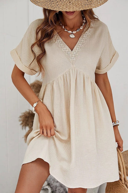 Beige Lace Splicing V Neck Rolled Up Sleeve Empire Waist Mini Dress - Vesteeto