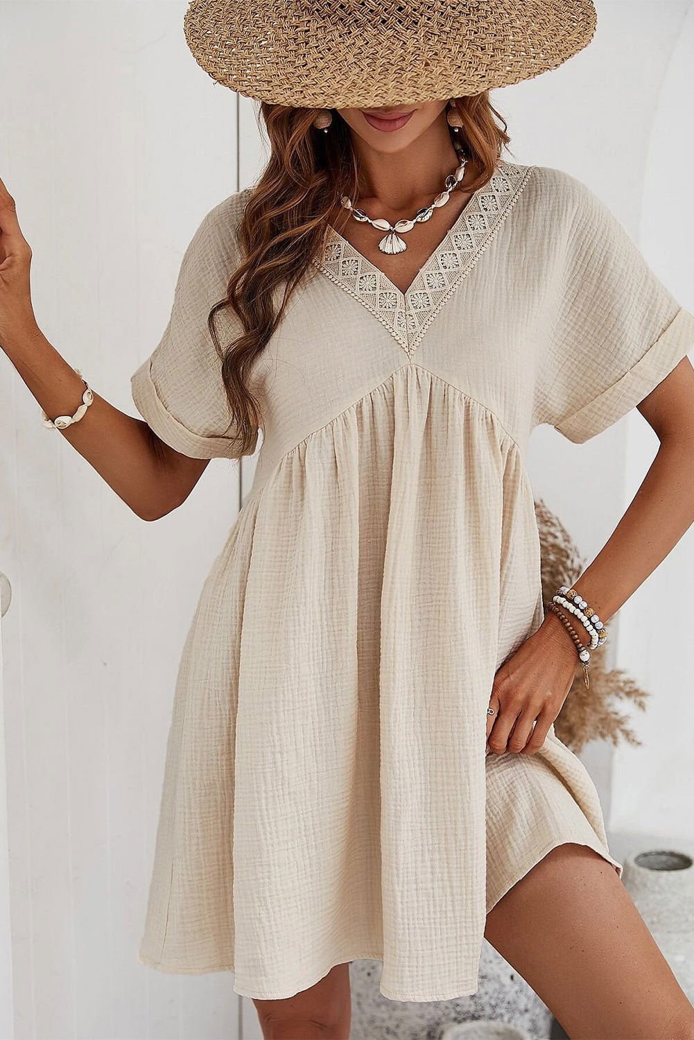 Beige Lace Splicing V Neck Rolled Up Sleeve Empire Waist Mini Dress - Vesteeto