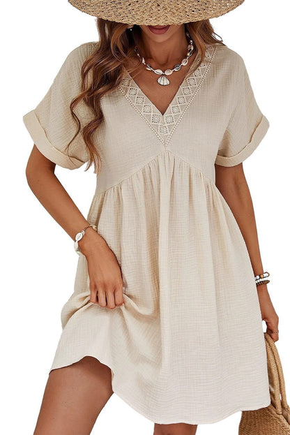 Beige Lace Splicing V Neck Rolled Up Sleeve Empire Waist Mini Dress - Vesteeto