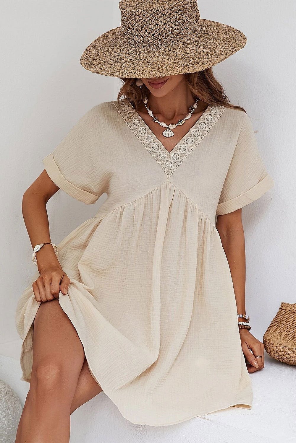 Beige Lace Splicing V Neck Rolled Up Sleeve Empire Waist Mini Dress - Vesteeto