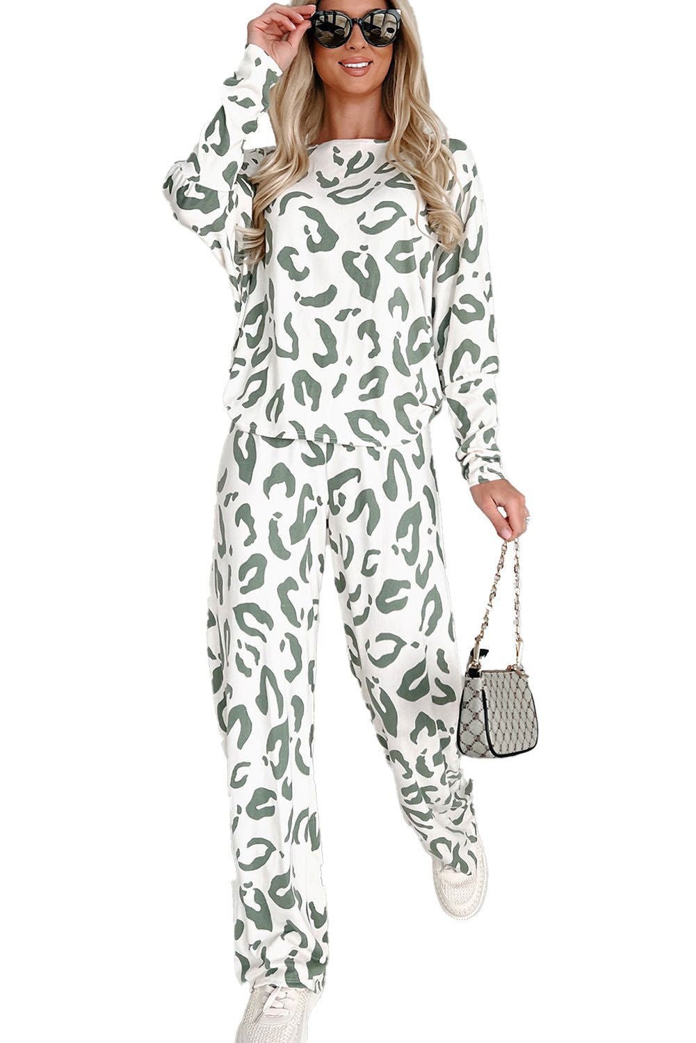 Beige Leopard Print Long Sleeve and Pants Loungewear Set - Vesteeto