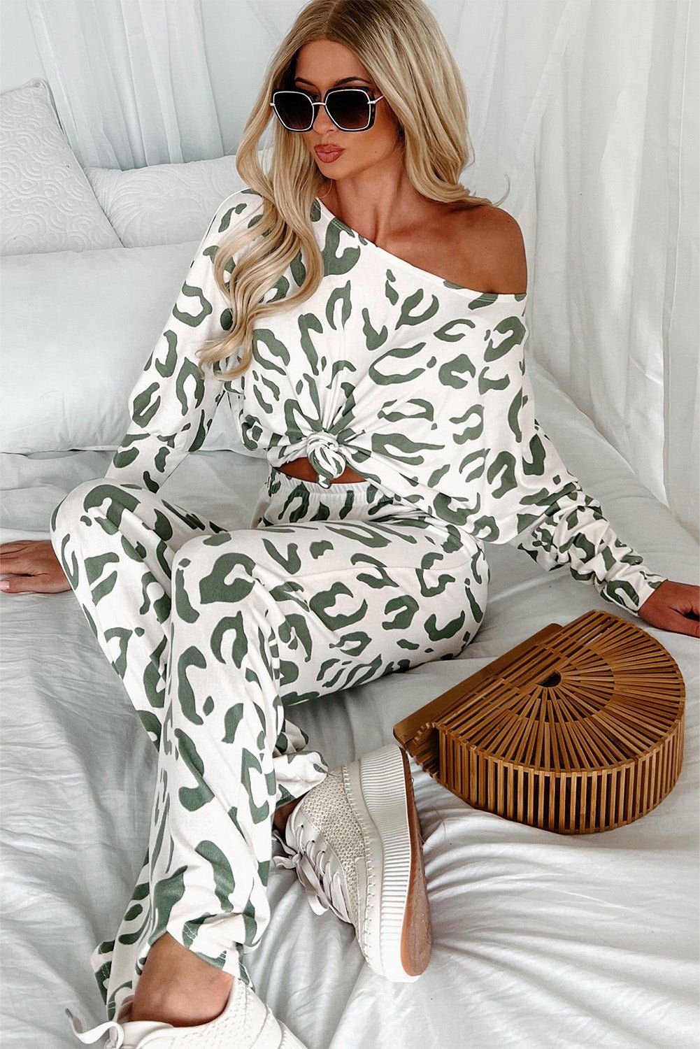 Beige Leopard Print Long Sleeve and Pants Loungewear Set - Vesteeto