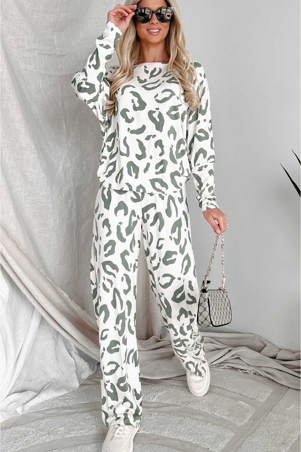 Beige Leopard Print Long Sleeve and Pants Loungewear Set - Vesteeto