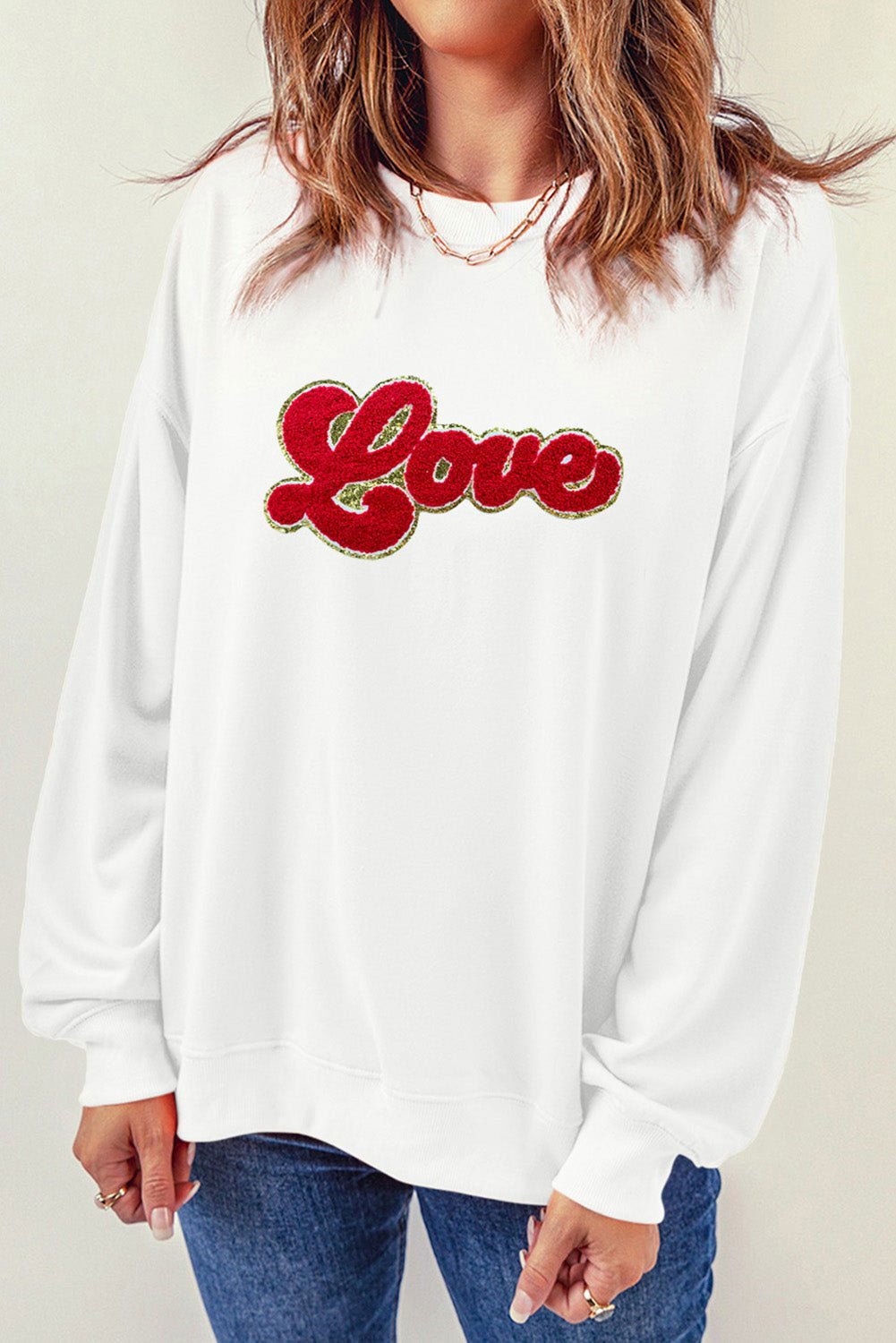 Beige Love Letter Chenille Embroidered Graphic Sweatshirt - Vesteeto