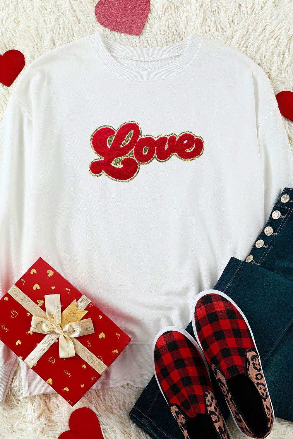 Beige Love Letter Chenille Embroidered Graphic Sweatshirt - Vesteeto