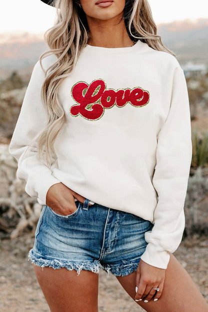 Beige Love Letter Chenille Embroidered Graphic Sweatshirt - Vesteeto