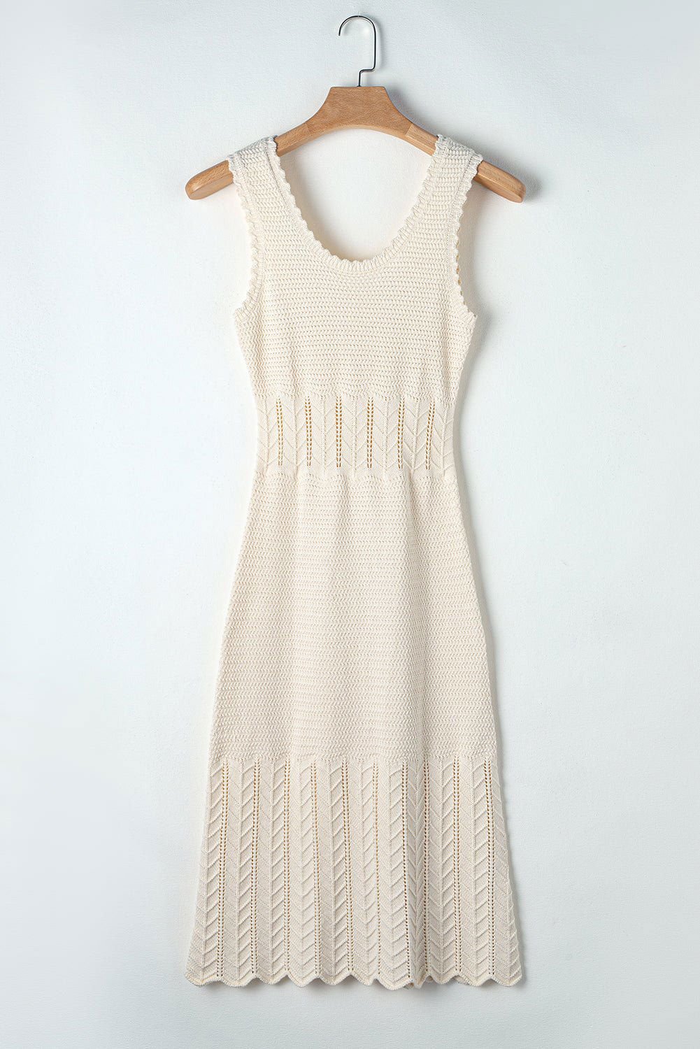 Beige Mix Texture Knitted Ruffle Hem Sleeveless Midi Dress - Vesteeto