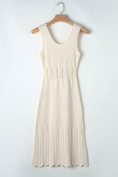 Beige Mix Texture Knitted Ruffle Hem Sleeveless Midi Dress - Vesteeto