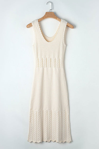 Beige Mix Texture Knitted Ruffle Hem Sleeveless Midi Dress - Vesteeto