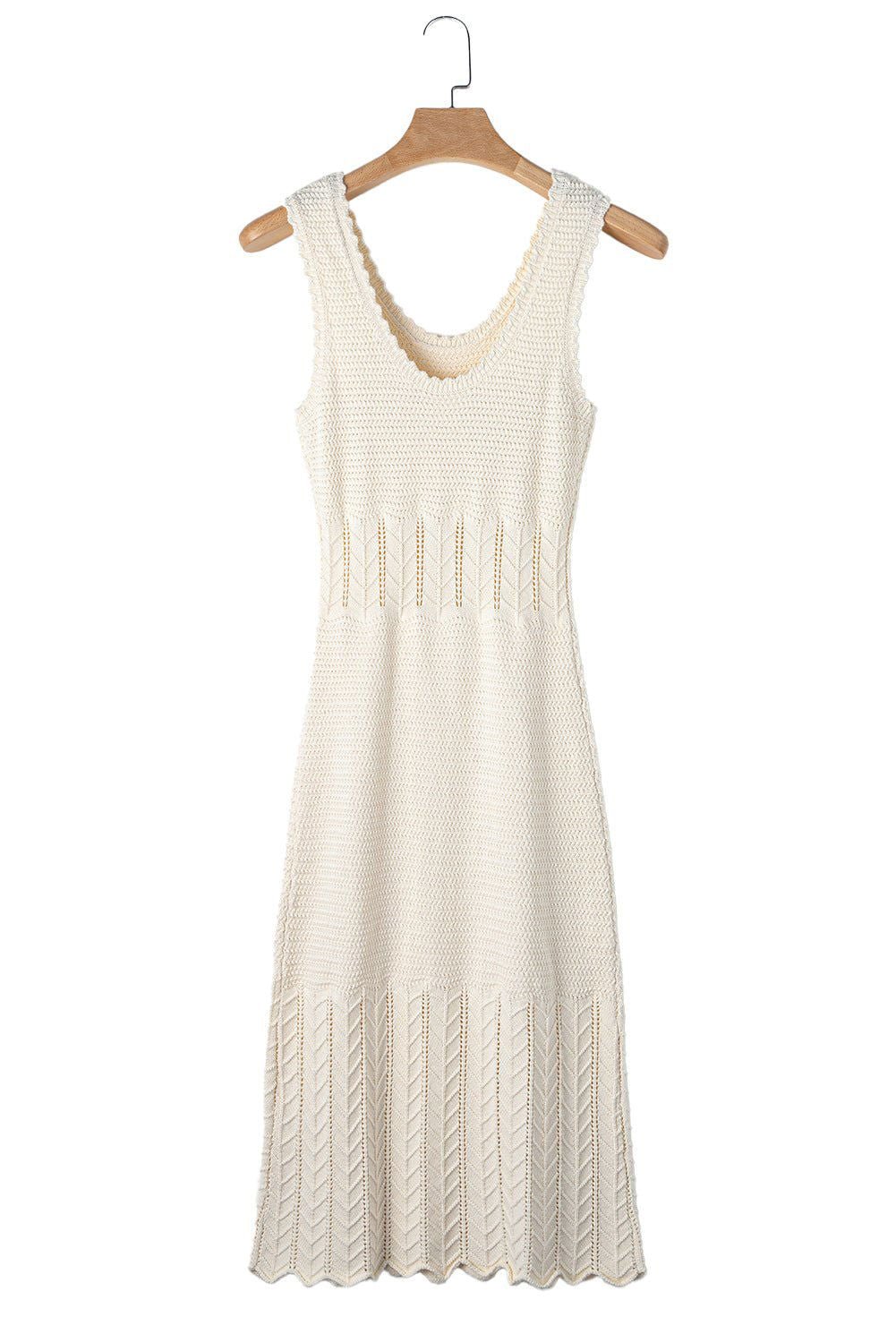 Beige Mix Texture Knitted Ruffle Hem Sleeveless Midi Dress - Vesteeto