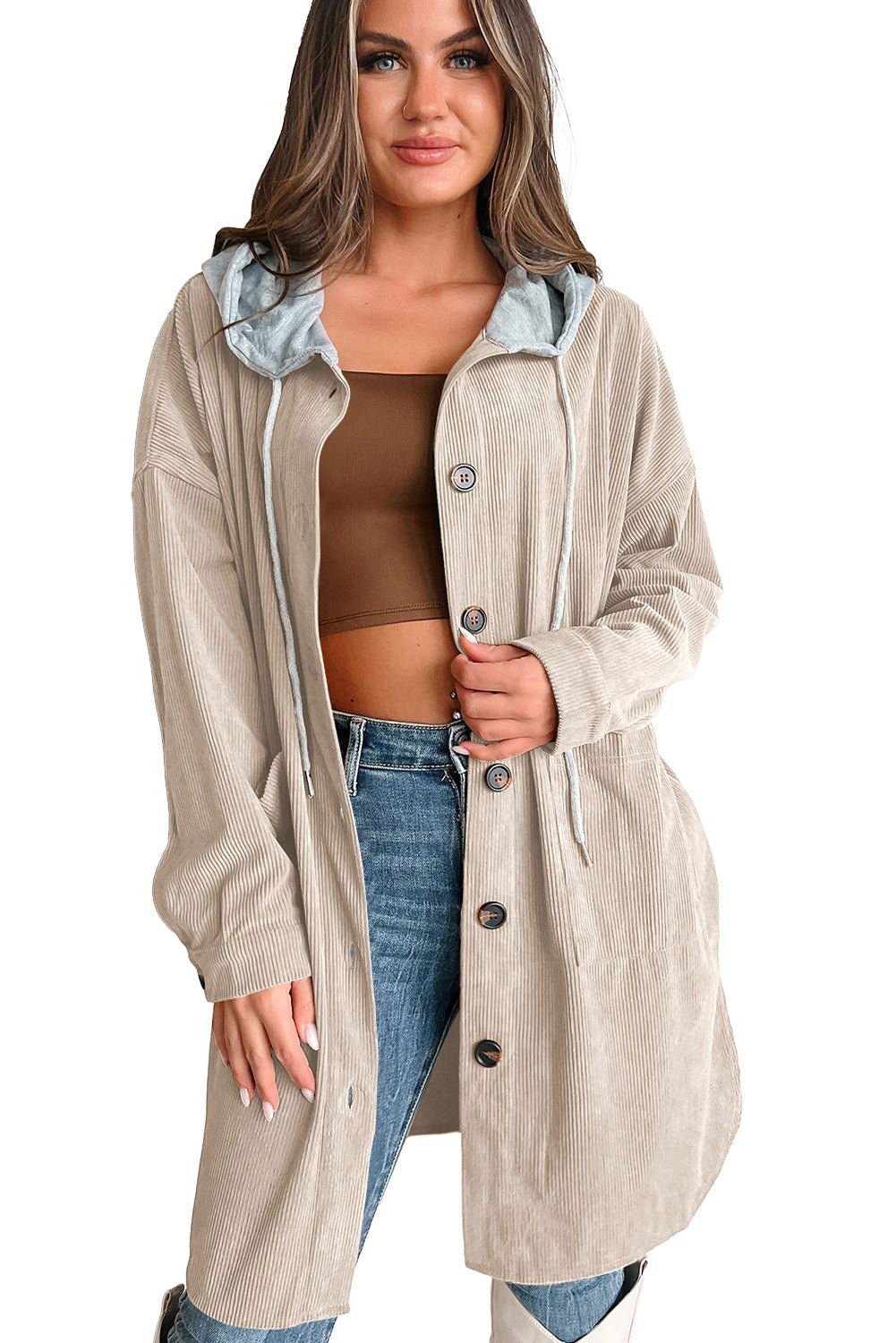 Beige Oversized Hooded Patchwork Corduroy Shacket - Vesteeto