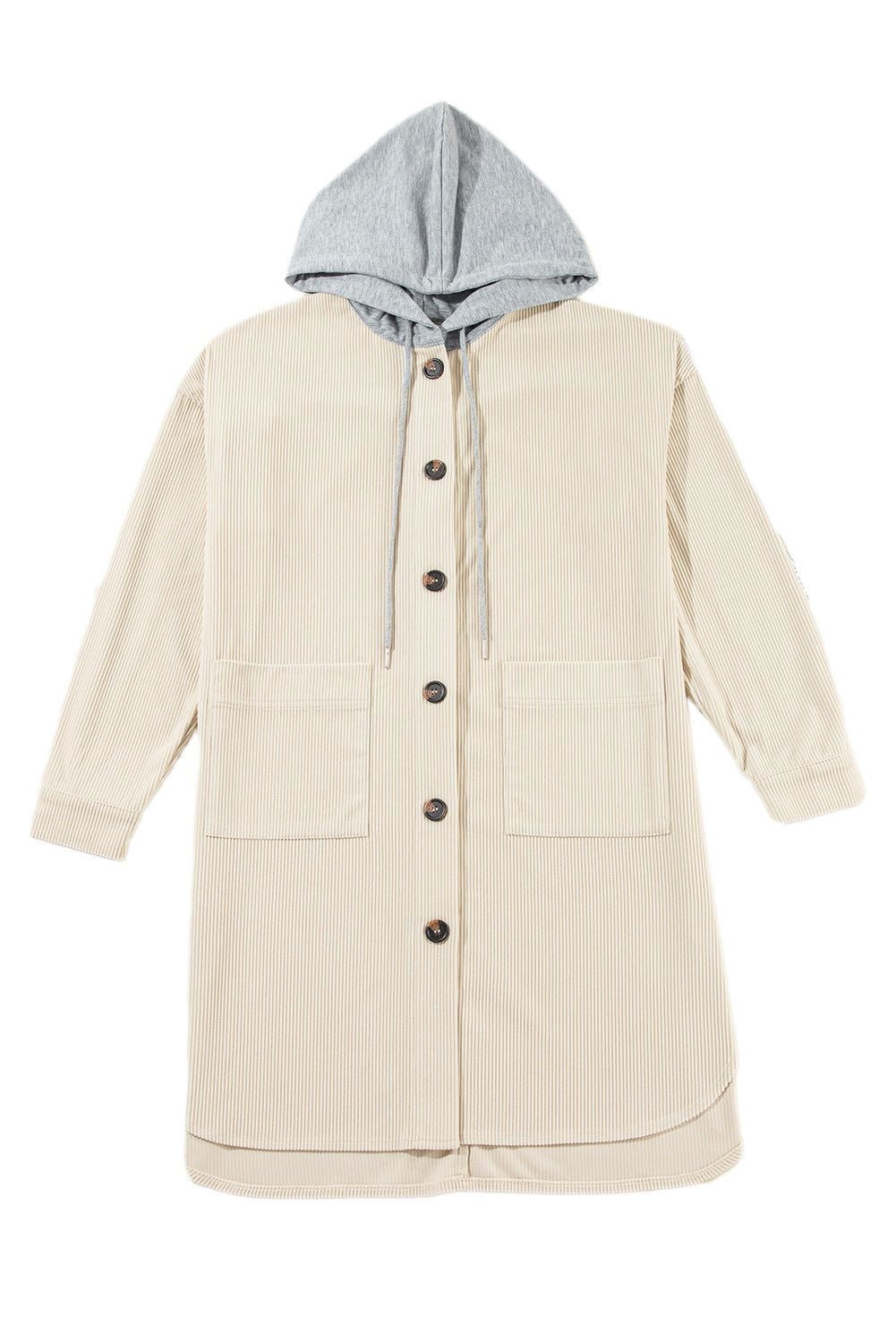 Beige Oversized Hooded Patchwork Corduroy Shacket - Vesteeto