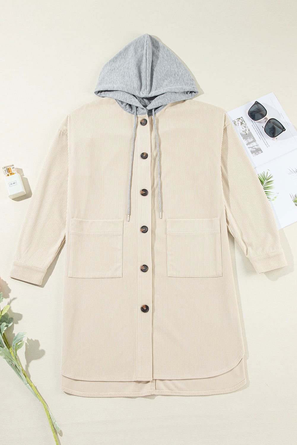 Beige Oversized Hooded Patchwork Corduroy Shacket - Vesteeto