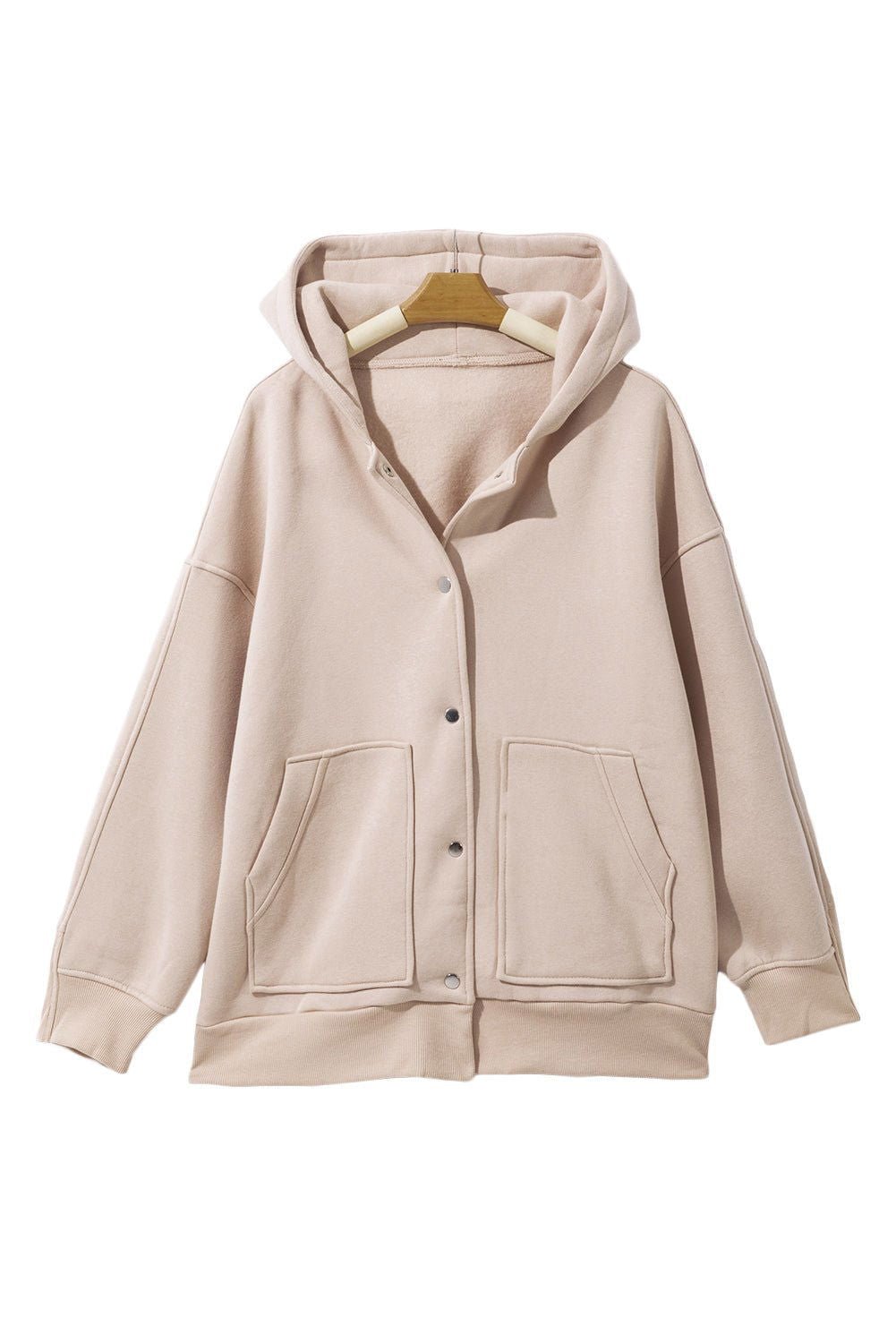 Beige Plain Pocketed Button Up Loose Hoodie - Vesteeto