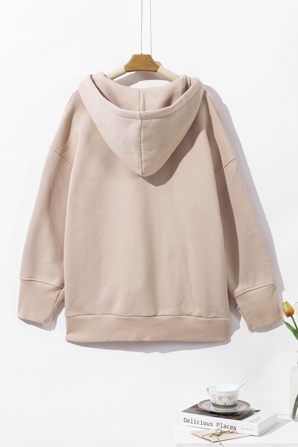 Beige Plain Pocketed Button Up Loose Hoodie - Vesteeto