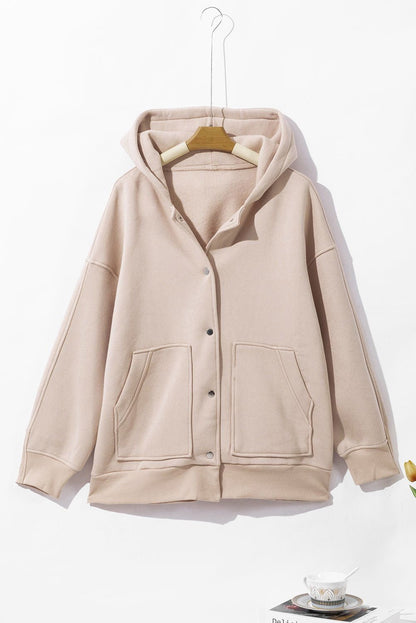 Beige Plain Pocketed Button Up Loose Hoodie - Vesteeto