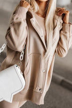 Beige Plain Pocketed Button Up Loose Hoodie - Vesteeto