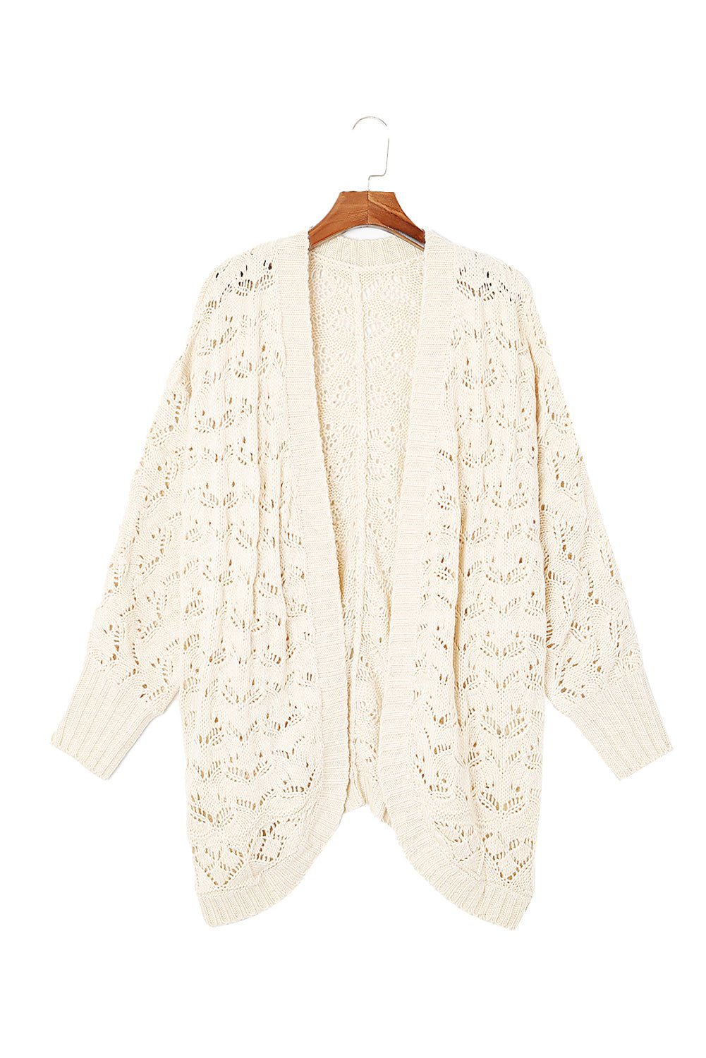 Beige Plus Size Hollowed Open Front Ribbed Trim Cardigan - Vesteeto