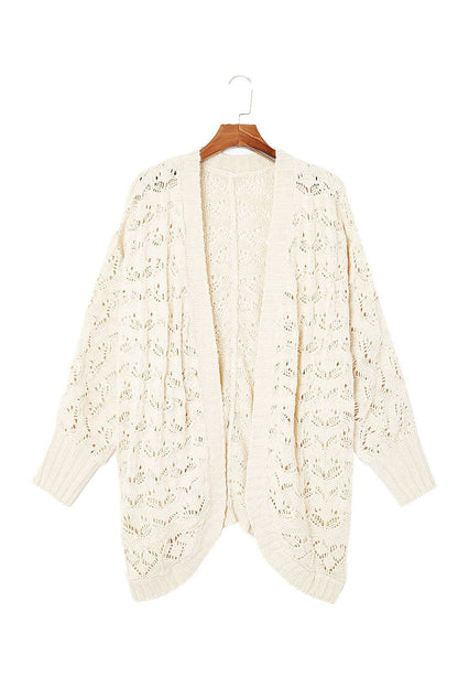 Beige Plus Size Hollowed Open Front Ribbed Trim Cardigan - Vesteeto