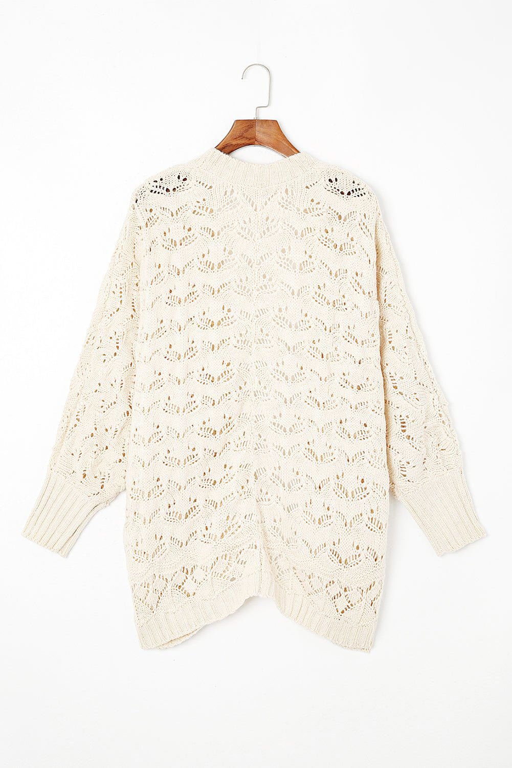 Beige Plus Size Hollowed Open Front Ribbed Trim Cardigan - Vesteeto