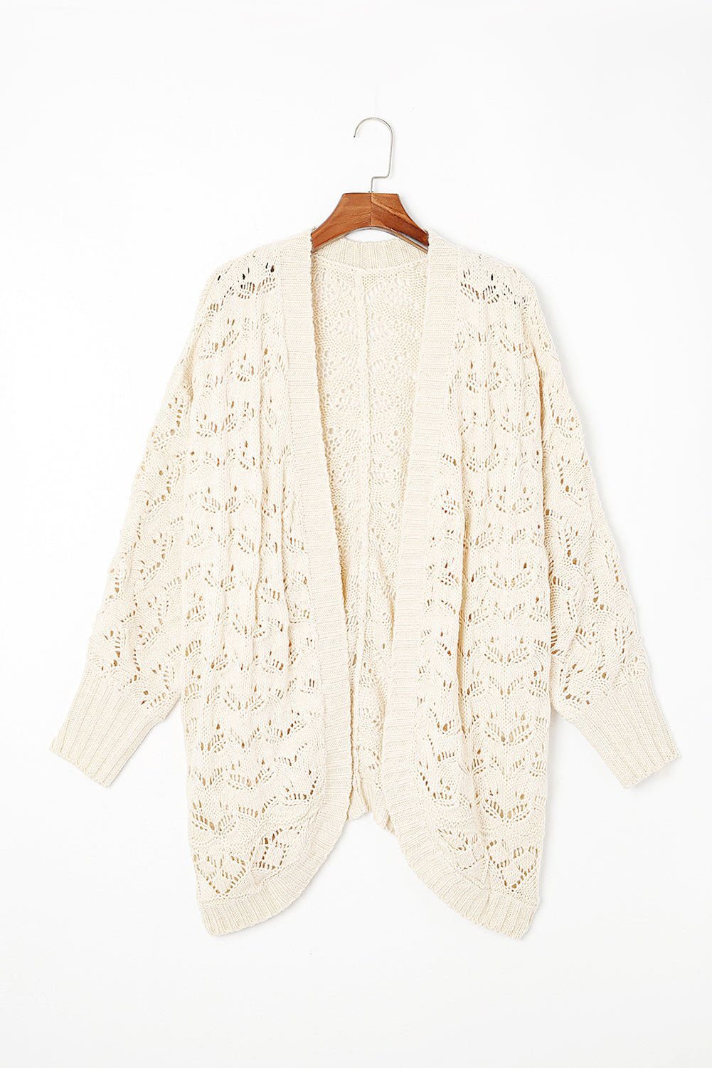 Beige Plus Size Hollowed Open Front Ribbed Trim Cardigan - Vesteeto