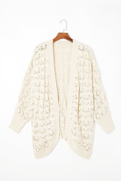 Beige Plus Size Hollowed Open Front Ribbed Trim Cardigan - Vesteeto