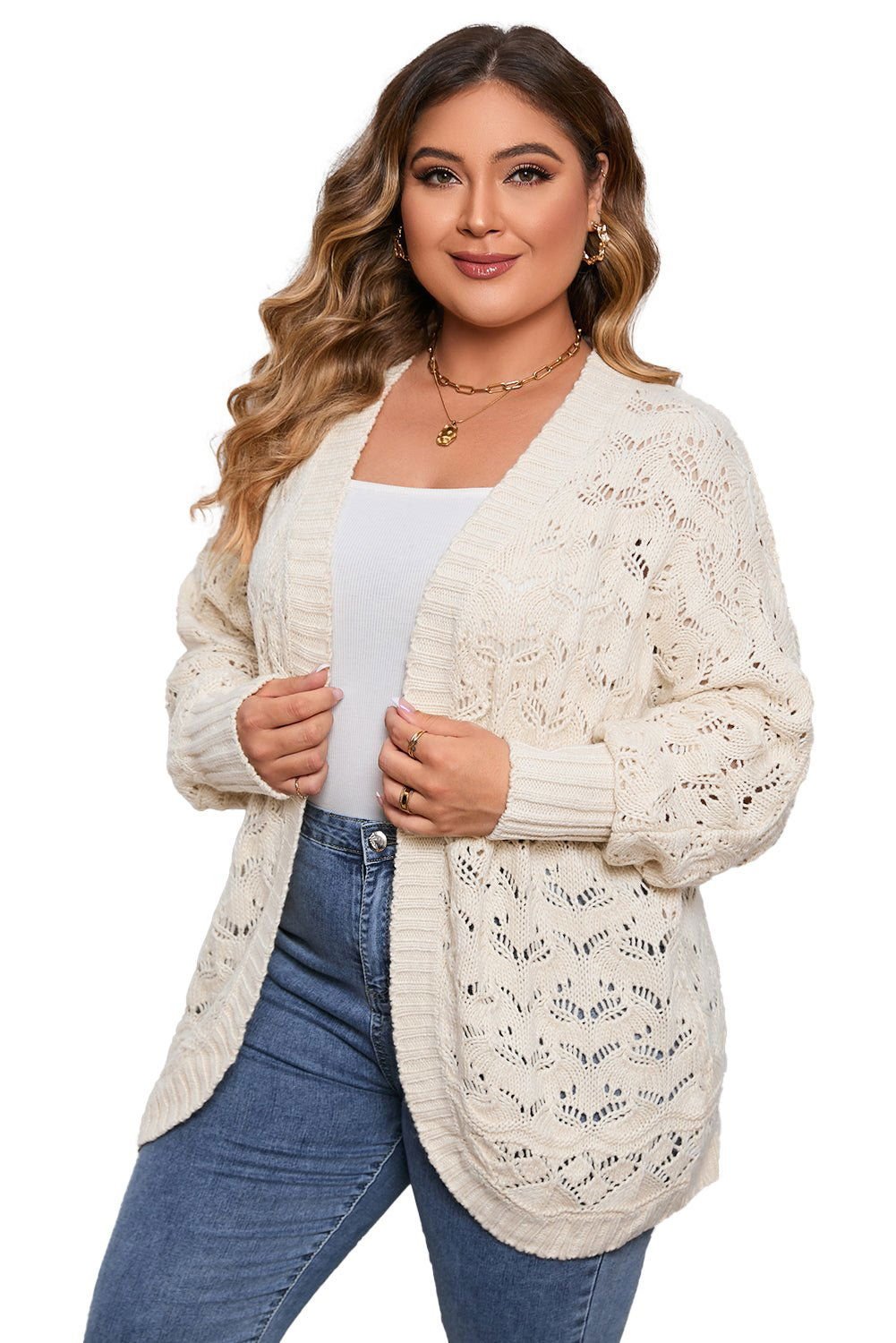 Beige Plus Size Hollowed Open Front Ribbed Trim Cardigan - Vesteeto