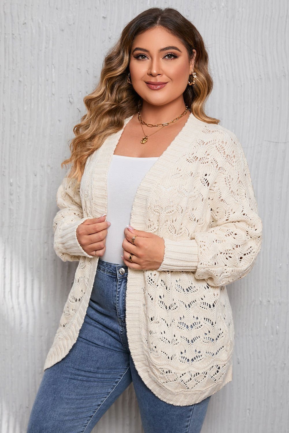 Beige Plus Size Hollowed Open Front Ribbed Trim Cardigan - Vesteeto