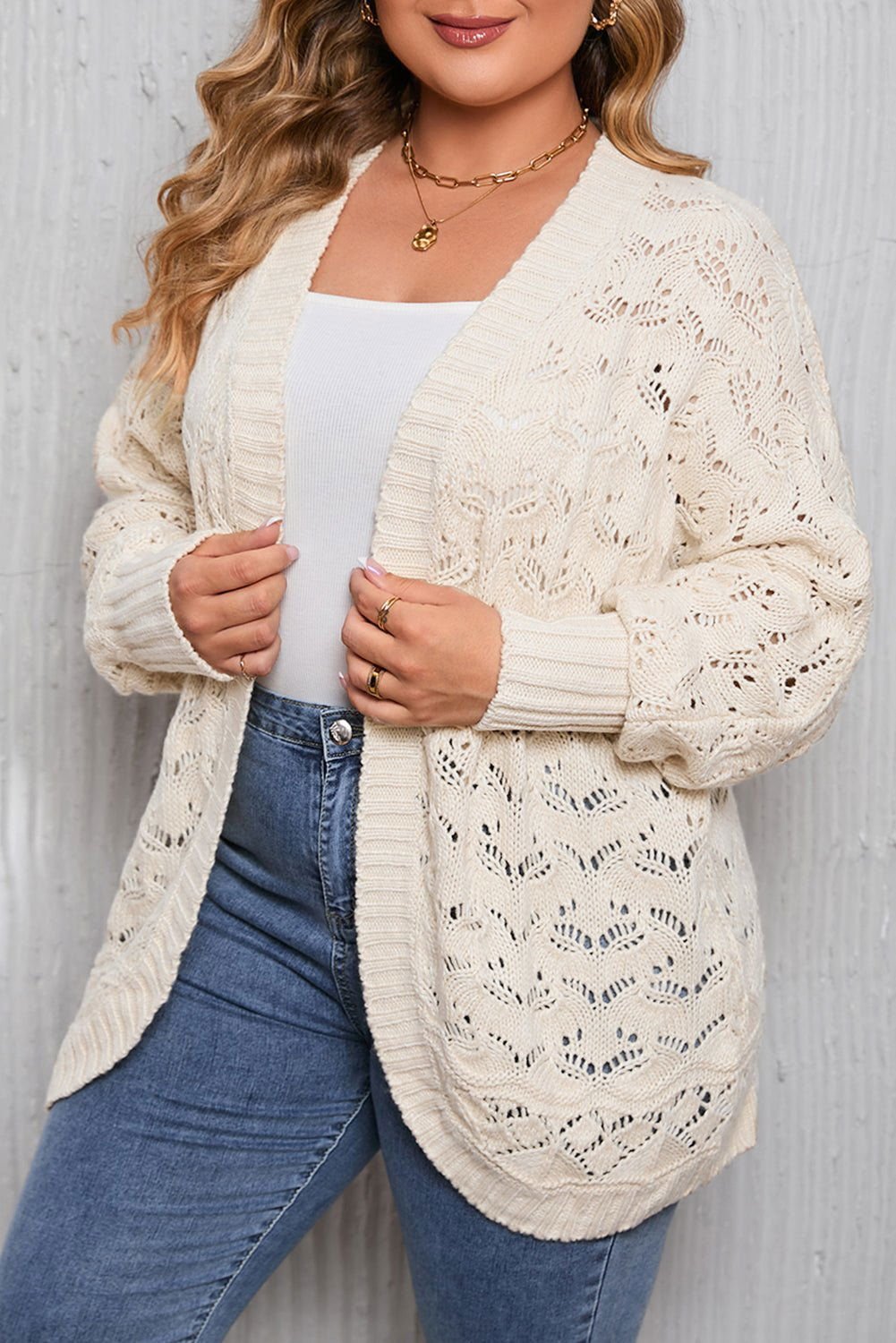 Beige Plus Size Hollowed Open Front Ribbed Trim Cardigan - Vesteeto