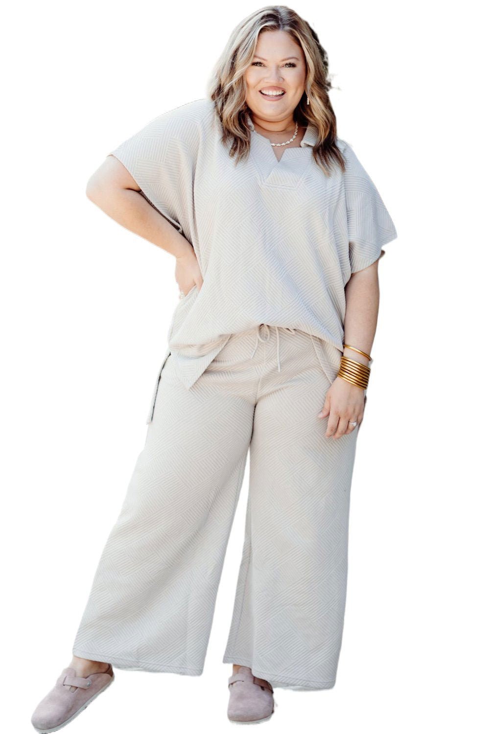 Beige Plus Size Textured Collared Top and Drawstring Pants Set - Vesteeto