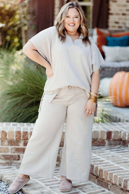 Beige Plus Size Textured Collared Top and Drawstring Pants Set - Vesteeto