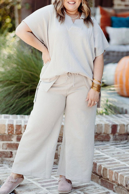 Beige Plus Size Textured Collared Top and Drawstring Pants Set - Vesteeto