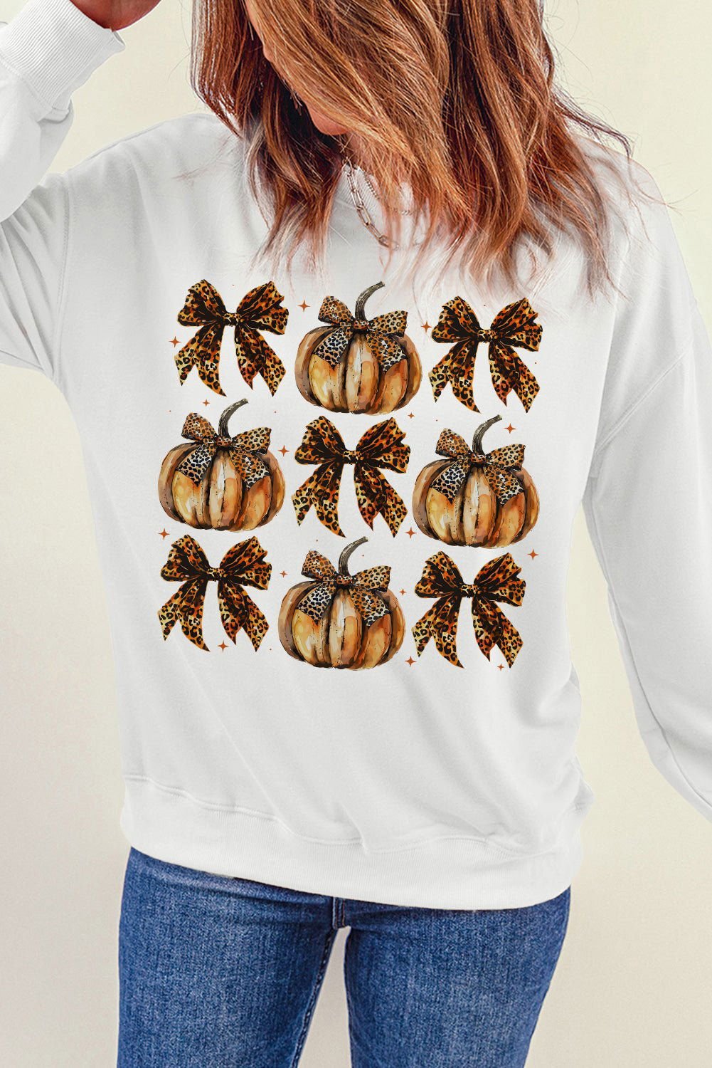 Beige Pumpkin Leopard Bow Knot Graphic Sweatshirt - Vesteeto