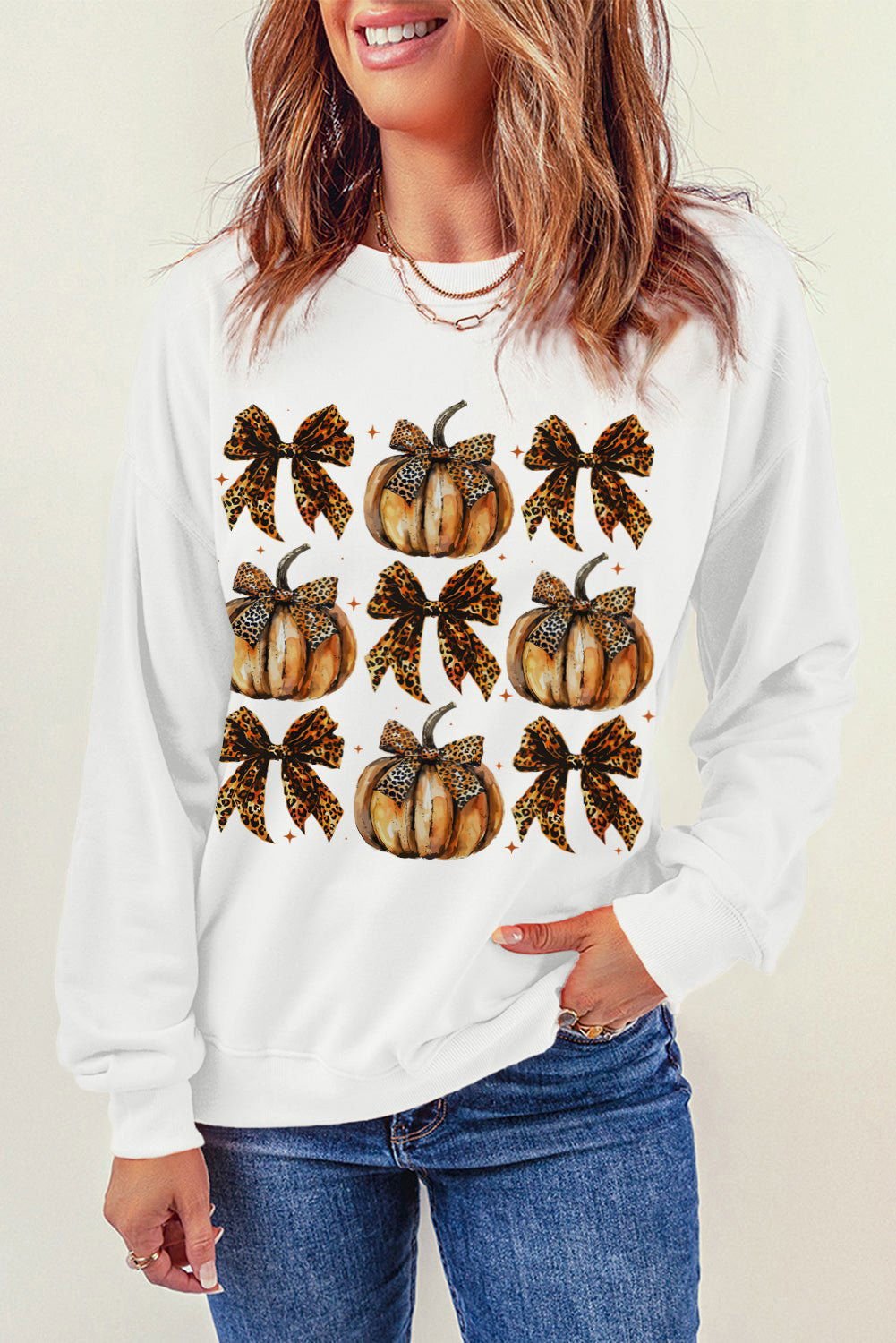 Beige Pumpkin Leopard Bow Knot Graphic Sweatshirt - Vesteeto