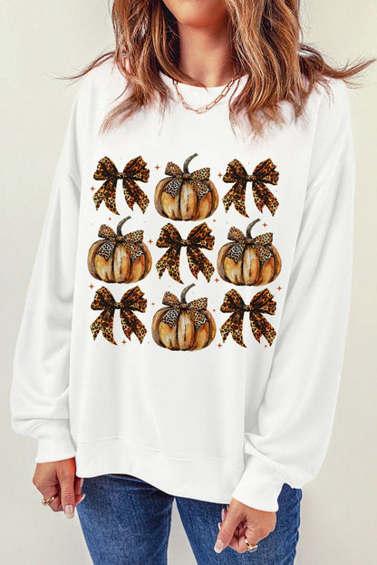 Beige Pumpkin Leopard Bow Knot Graphic Sweatshirt - Vesteeto