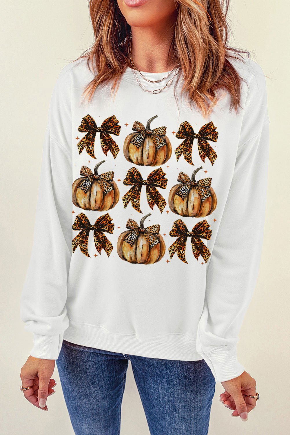 Beige Pumpkin Leopard Bow Knot Graphic Sweatshirt - Vesteeto